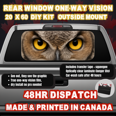Great Horned Owl — Amber Eyes Strip Rear Window Decal (20×60 OWV, Outside Mount)