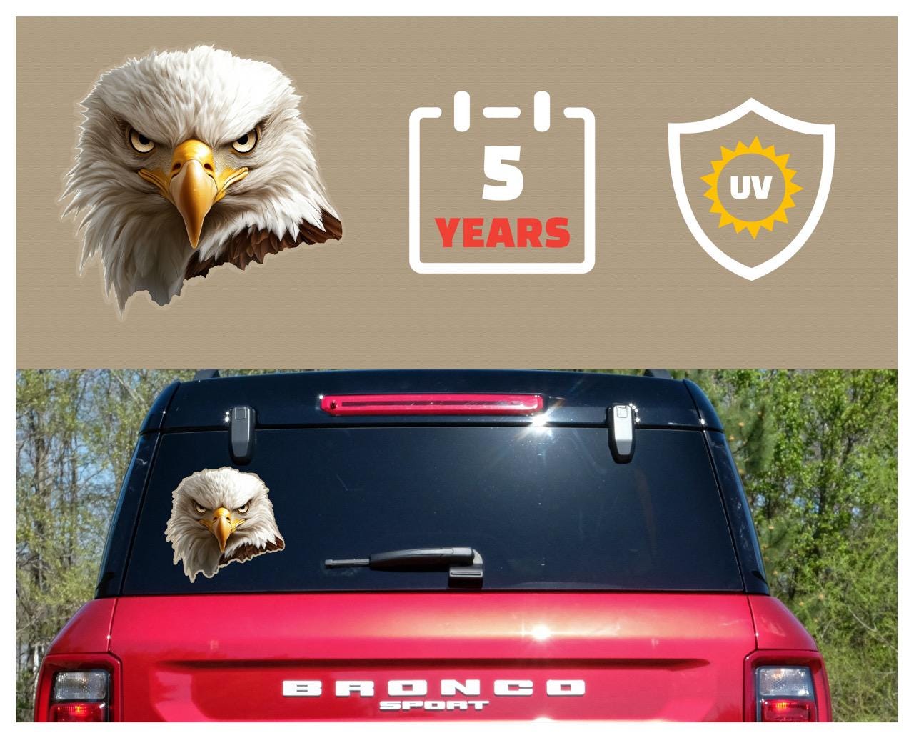 Here are a few options for alt text, keeping under 100 characters:
* **Two dogs & eagle sticker peek from truck bed.**
* **D