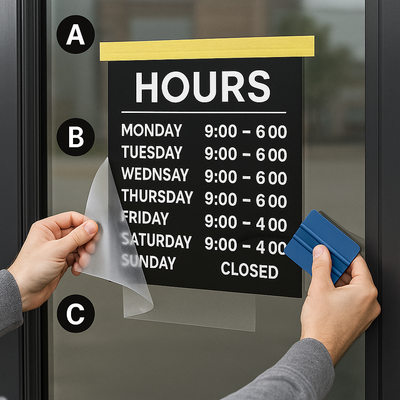 Door Upgrade Kit — Hours + Push/Pull Decals (Outside-Mount) Niagara Stands Out