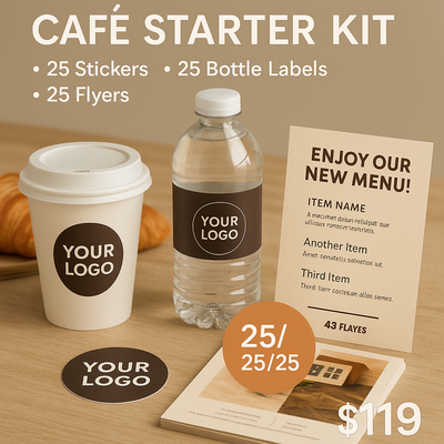 Café Starter Kit — 25 Stickers + 25 Bottle Labels + 25 Flyers