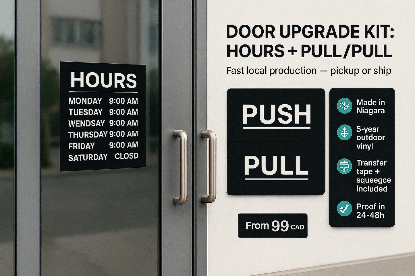 Door Upgrade Kit — Hours + Push/Pull Decals (Outside-Mount) Niagara Stands Out