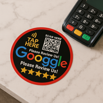 Tap to review stand — NFC card on reception desk — Ontario business