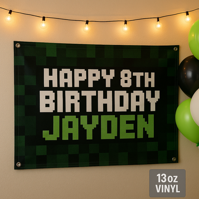 Gamer Birthday Banner — Custom Pixelated Design (13oz Vinyl, Hemm...