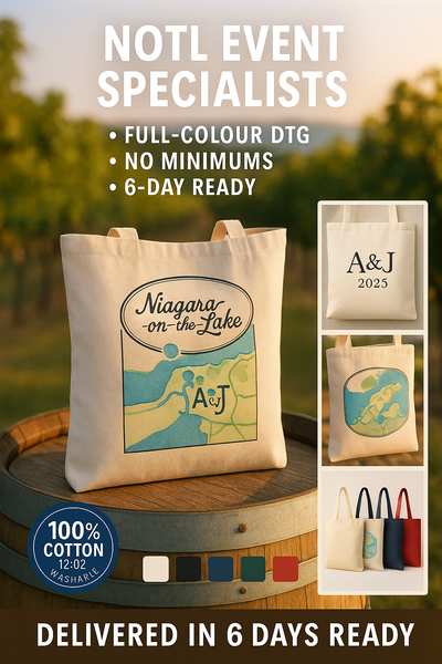 Custom Canvas Tote Bags Niagara – Full-Colour DTG, No Minimum Niagara Stands Out