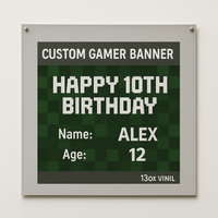 Gamer Birthday Banner — Custom Pixelated Design (13oz Vinyl, Hemm...