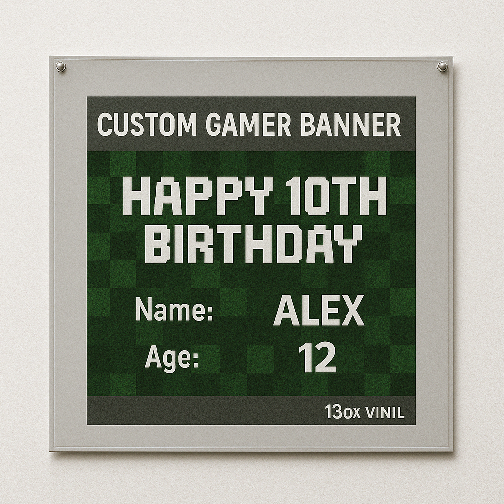 Gamer Birthday Banner — Custom Pixelated Design (13oz Vinyl, Hemmed & Grommets)