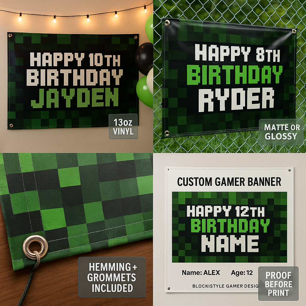 Gamer Birthday Banner — Custom Pixelated Design (13oz Vinyl, Hemmed & Grommets)