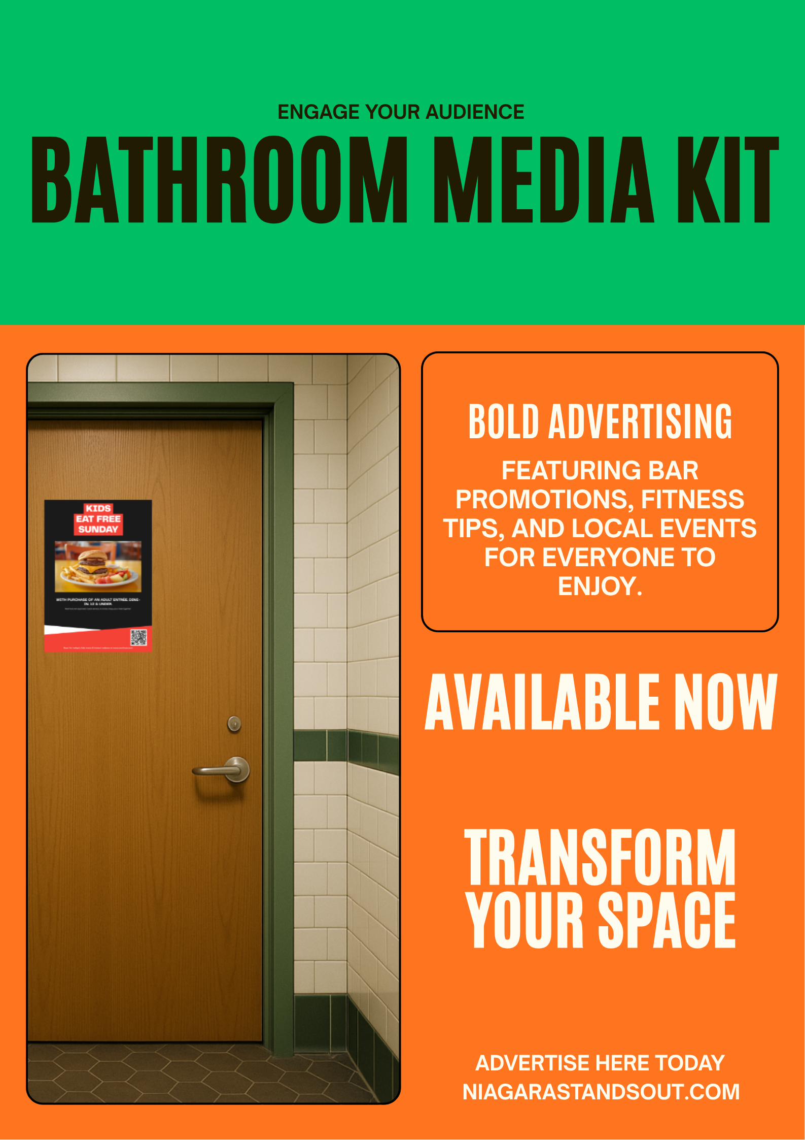 Bathroom Media Kit — Ad‑Sales (4×6 Mirror Clings + 8×10 Door Posters, QR Included)
