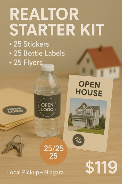 Realtor Open House Kit — 25 Stickers + 25 Bottle Labels + 25 Flyers