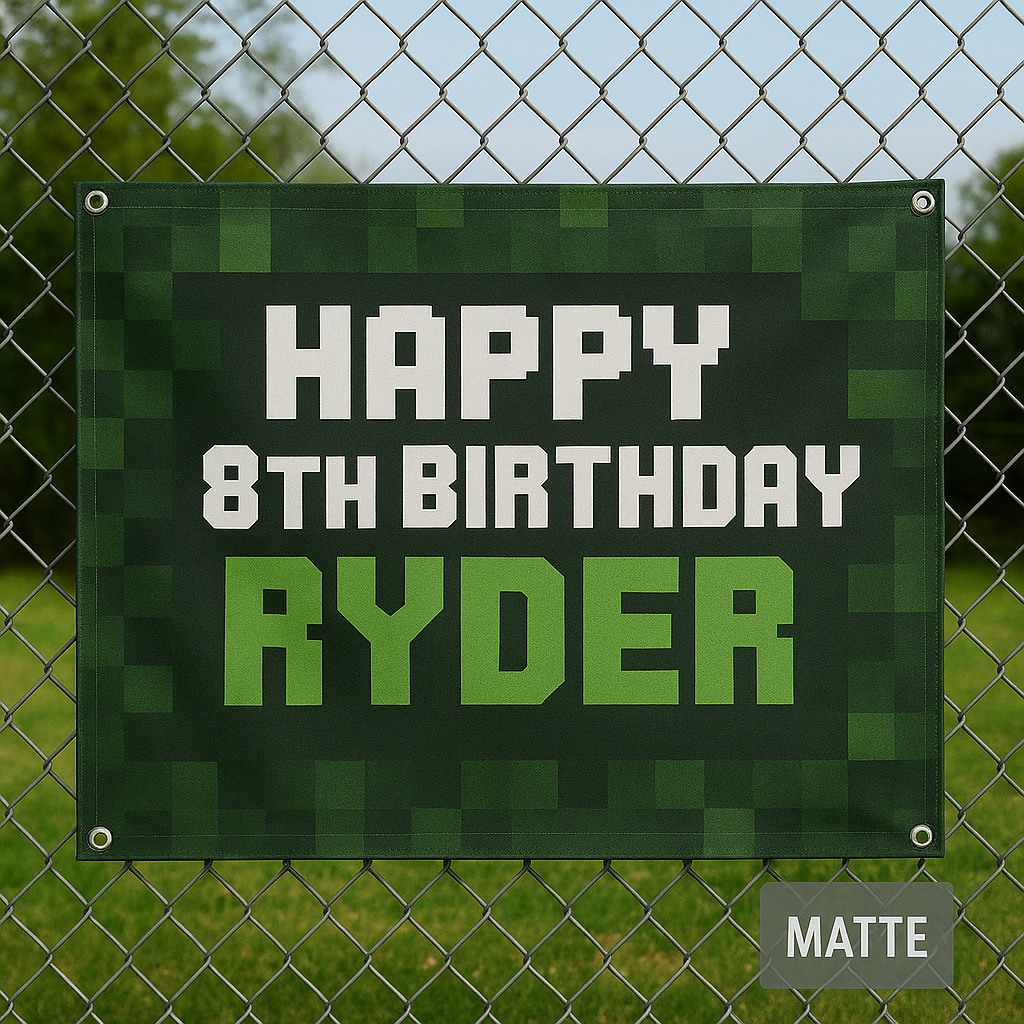 Gamer Birthday Banner — Custom Pixelated Design (13oz Vinyl, Hemmed & Grommets)