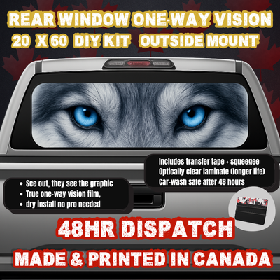 Timber Wolf — Woodland Camo Eyes Strip Rear Window Decal (20×60 OWV, Outside Mount)