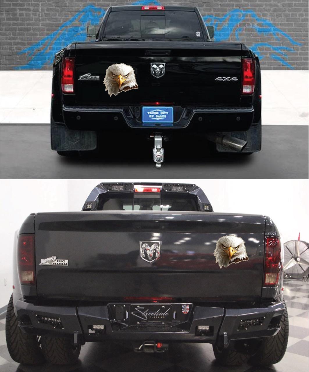 Here are a few options for alt text, keeping under 100 characters:
* **Two dogs & eagle sticker peek from truck bed.**
* **D