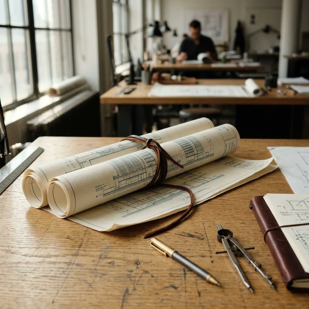 Rolled architect blueprints — the volume program built to scale.