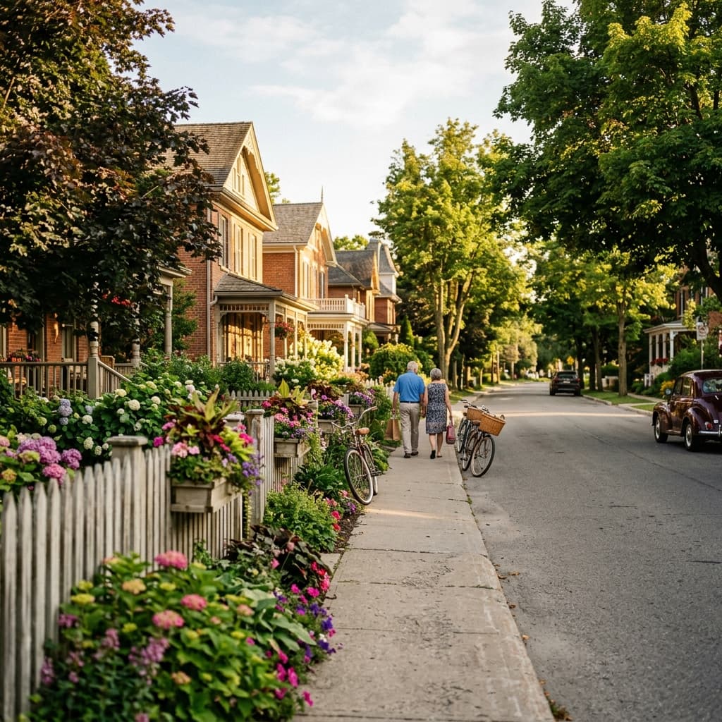 Heritage Niagara street at golden hour — the neighbourhoods NSO fights for.