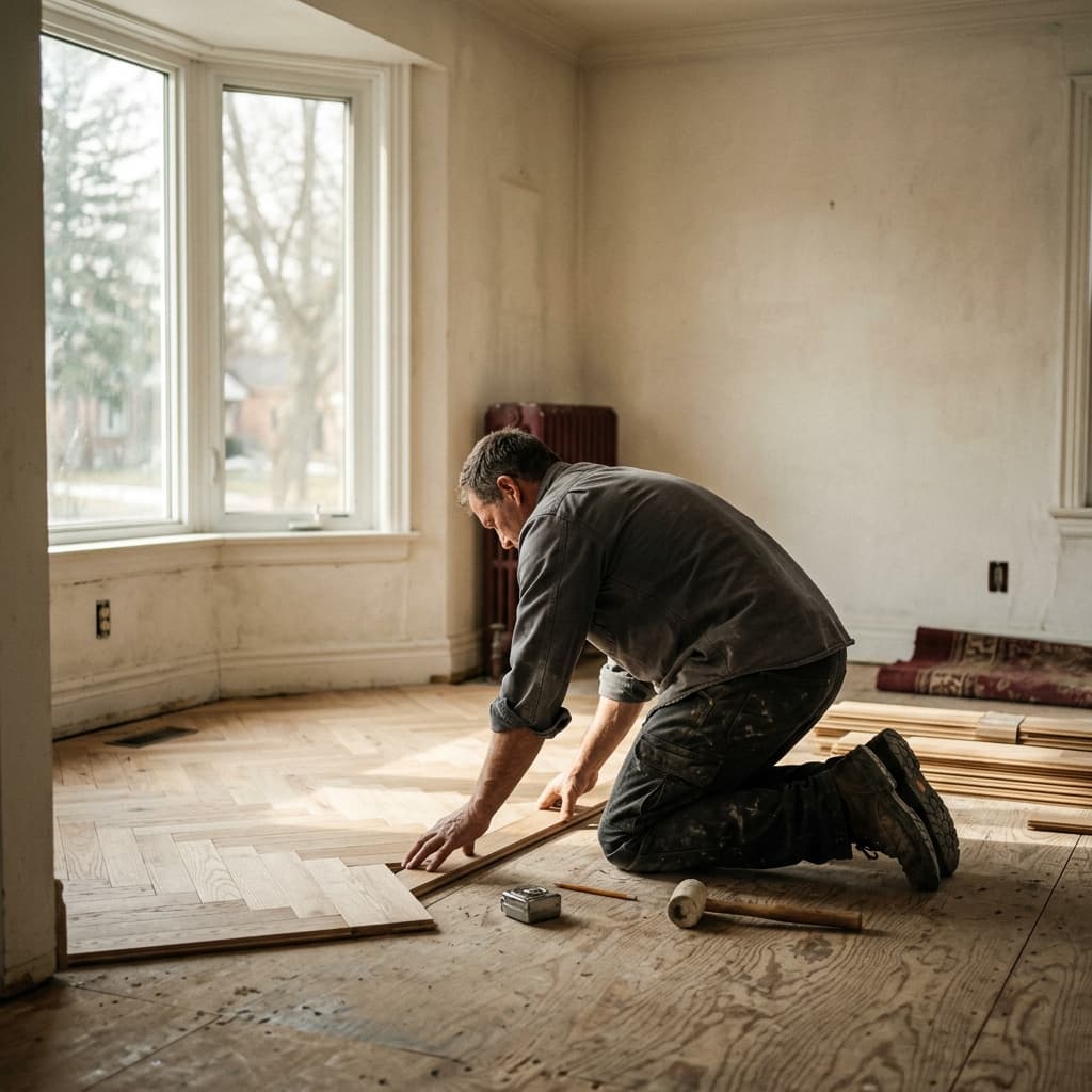 Flooring professional in Welland, Ontario — editorial portrait.