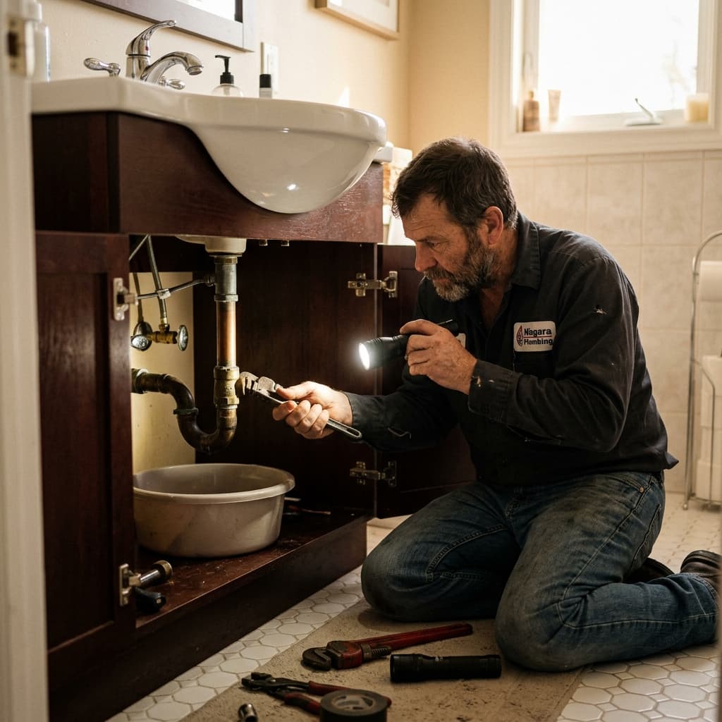 Plumbing professional in St. Catharines, Ontario — editorial portrait.
