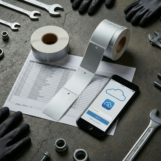 Barcode and QR asset tags prepared for equipment tracking