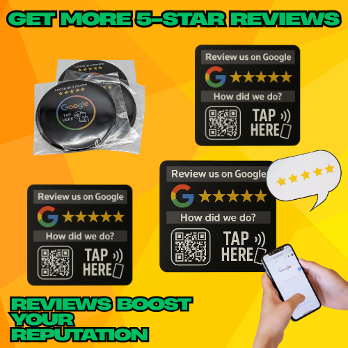 Get 5X More Reviews: NFC/QR 6-Pack (3 Flat Plaques + 3 Decals)