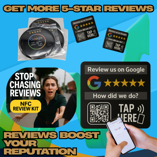 Get 5X More Reviews: NFC/QR 6-Pack (3 Flat Plaques + 3 Decals)