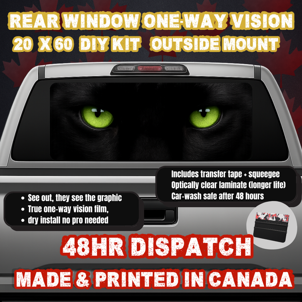 Black Panther — Neon Green Eyes Strip Rear Window Decal (20×60 OWV, Outside Mount)