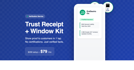 Trust Receipt + Window Kit showing phone preview and NFC/QR decals