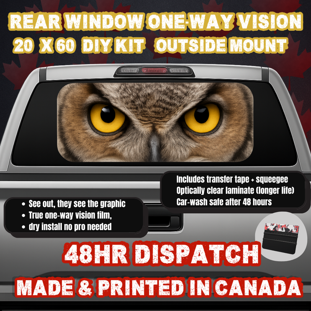Great Horned Owl — Amber Eyes Strip Rear Window Decal (20×60 OWV, Outside Mount)