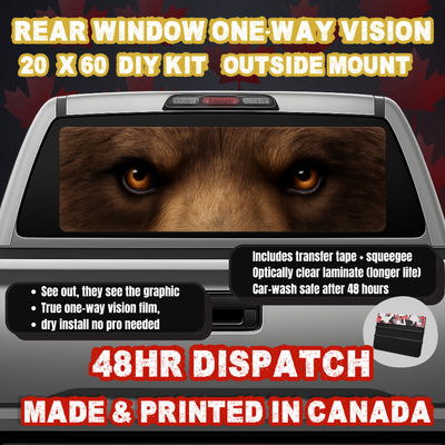 Grizzly Bear — Brown Fury Eyes Strip Rear Window Decal (20×60 OWV, Outside Mount)