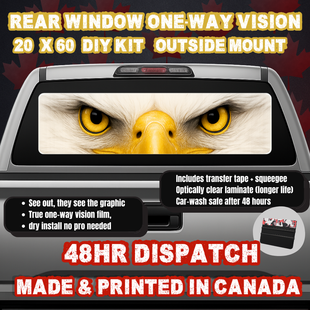 Bald Eagle — Patriot Gold Eyes Strip Rear Window Decal (20×60 OWV, Outside Mount)