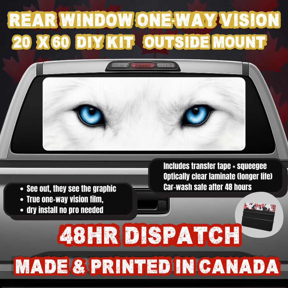 Timber Wolf — Icy Blue Eyes Strip Rear Window Decal (20×60 OWV, Outside Mount)