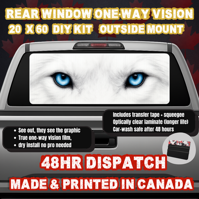 Timber Wolf — Icy Blue Eyes Strip Rear Window Decal (20×60 OWV, Outside Mount)
