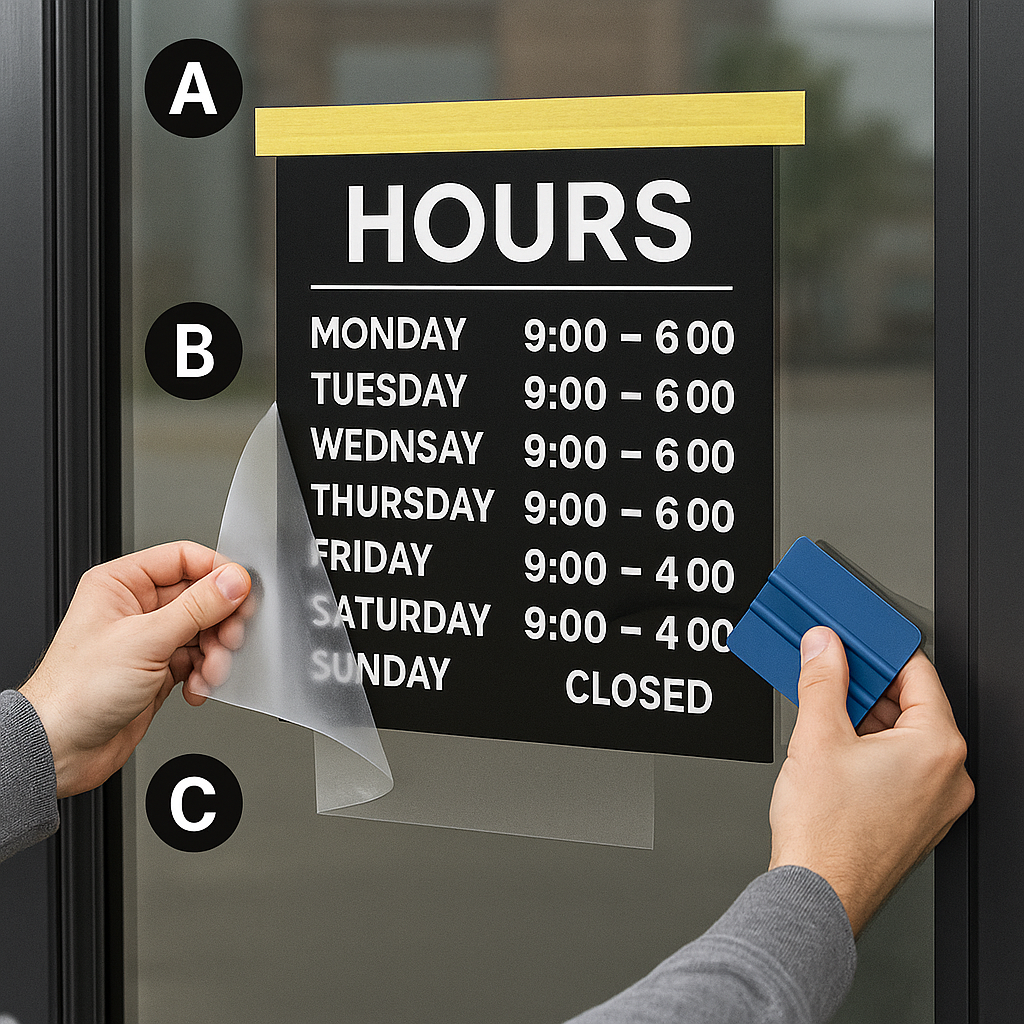 Door Upgrade Kit — Hours + Push/Pull Decals (Outside-Mount) Niagara Stands Out