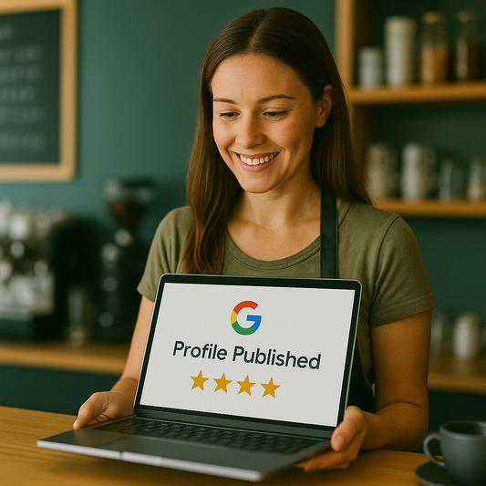 Professional Google Business Profile Setup Service Cafe Owner Celebrating Milestone Achievement