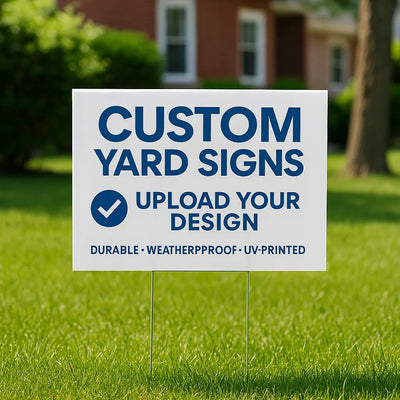 Custom yard signs with stakes - 24x18 coroplast lawn signs on suburban lawn for real estate marketing