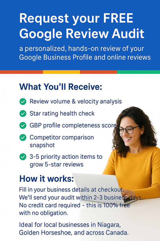 A visually engaging promotional graphic for a free Google Review Audit, featuring bold text highlighting "FREE Google Review Audit" and icons representing review metrics, emphasizing the service's focus on enhancing Google Business Profile performance for