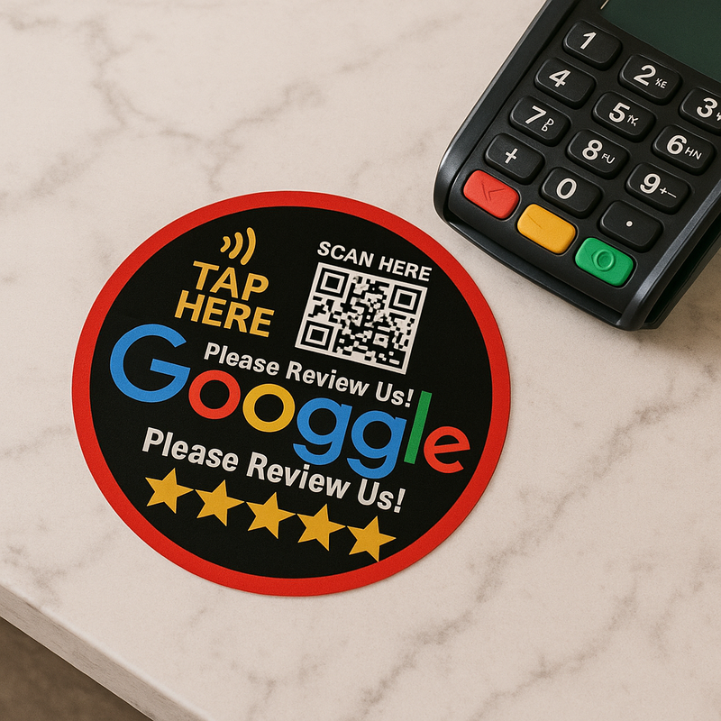 Tap to review stand — NFC card on reception desk — Ontario business