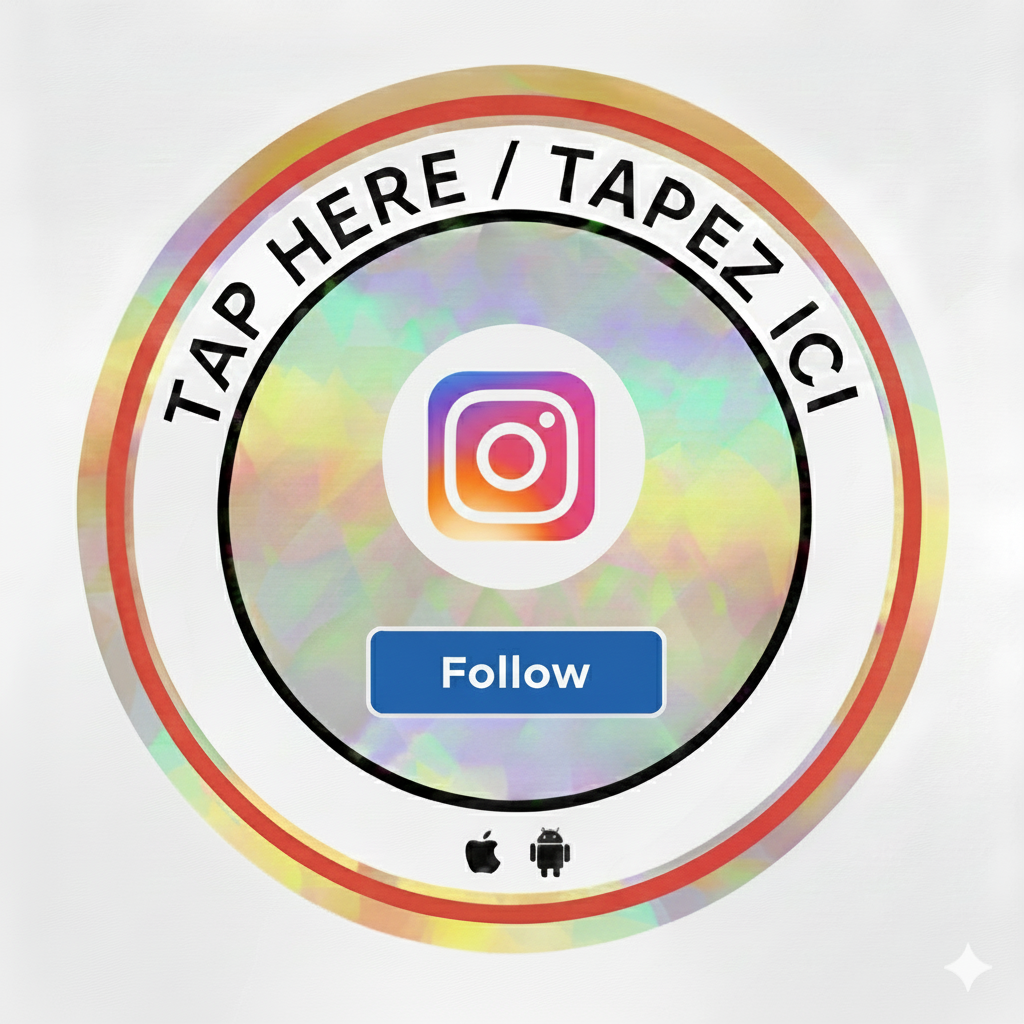 A compact, holographic NFC tap-to-review disc designed for bilingual use, featuring a shiny surface that reflects light, with clear "Tap Here" instructions, ideal for Canadian businesses to facilitate quick Google reviews in both English and French.