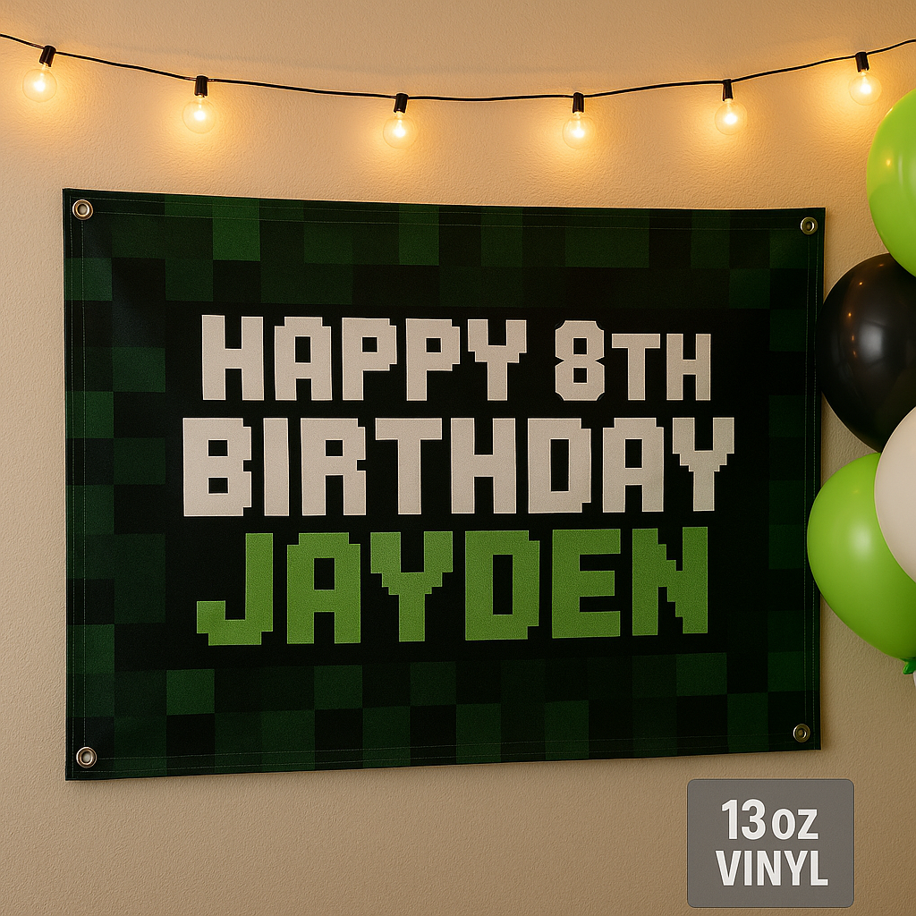 Gamer Birthday Banner — Custom Pixelated Design (13oz Vinyl, Hemmed & Grommets)