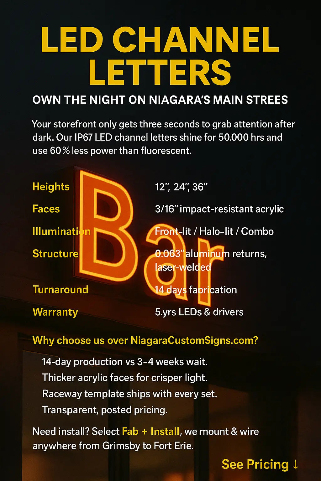 LED Channel Letters – Front‑Lit & Halo‑Lit Niagara Stands Out