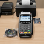 A 3-inch round rigid acrylic counter plaque featuring a sleek design with a QR code and NFC technology, alongside a 6-inch round vinyl window decal, both promoting Google reviews, ideal for reception desks and entry points in professional B2B environments