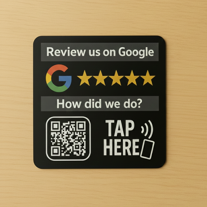 A 3-inch round rigid acrylic counter plaque and a 6-inch round vinyl window decal, both featuring NFC technology and QR codes, designed for businesses to encourage Google reviews, displayed on a clean surface with a professional look, emphasizing customer