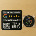 A 3" round rigid acrylic counter plaque and a 6" round vinyl window decal from the Tap To Trust Pro Bundle, designed for businesses to encourage Google reviews, featuring a sleek design with NFC technology and a QR code for easy access to the review page.