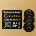 A 3" round rigid acrylic counter plaque and a 6" round vinyl window decal from the Tap To Trust Pro Bundle, featuring NFC and QR code technology, designed for businesses to encourage Google reviews at reception desks and exit points, showcasing a professi