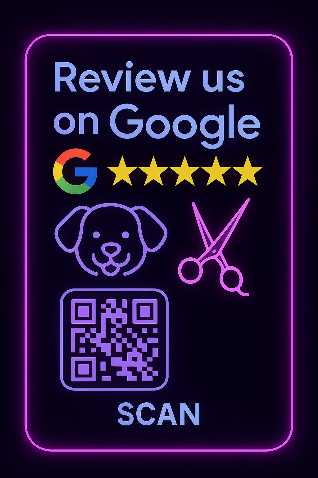 Google Review NFC Decal for Pet Grooming - Neon Edition - Neon Review Sign with Dog and Scissors