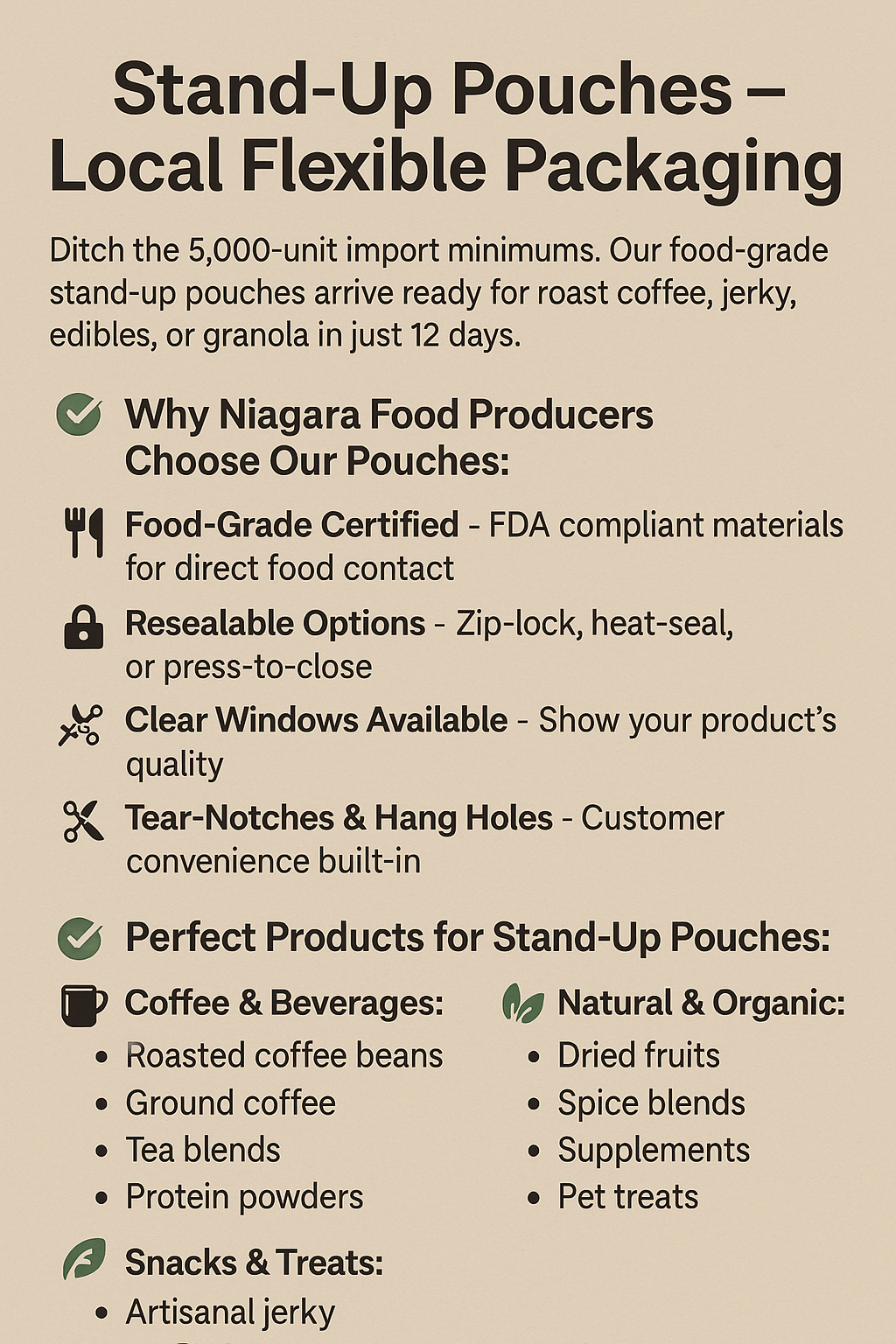 Stand-Up Pouches Niagara – Food-Safe, Small-Batch, 12-Day Turn Niagara Stands Out