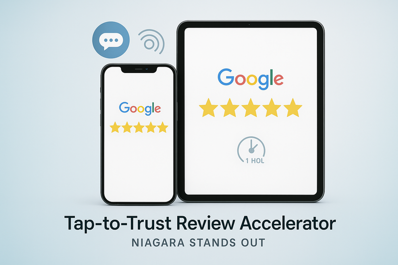 Tap-to-Trust NFC review kit — counter card, QR decal, staff card — Niagara Stands Out