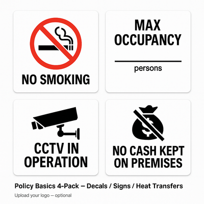 Business Policy Signs 4-Pack - No Smoking, Occupancy, CCTV & Cash Policy Niagara Stands Out