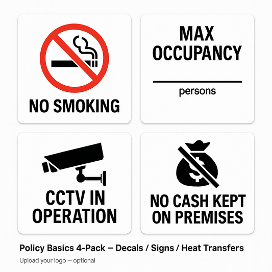 Business Policy Signs 4-Pack - No Smoking, Occupancy, CCTV & Cash Policy Niagara Stands Out