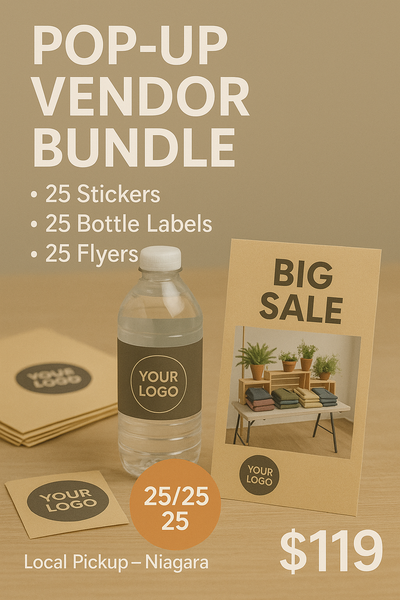 Pop‑Up Vendor Kit — 25 Stickers + 25 Bottle Labels + 25 Flyers