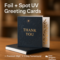 Foil + Spot UV Greeting Cards — boutique retail look Niagara Stands Out