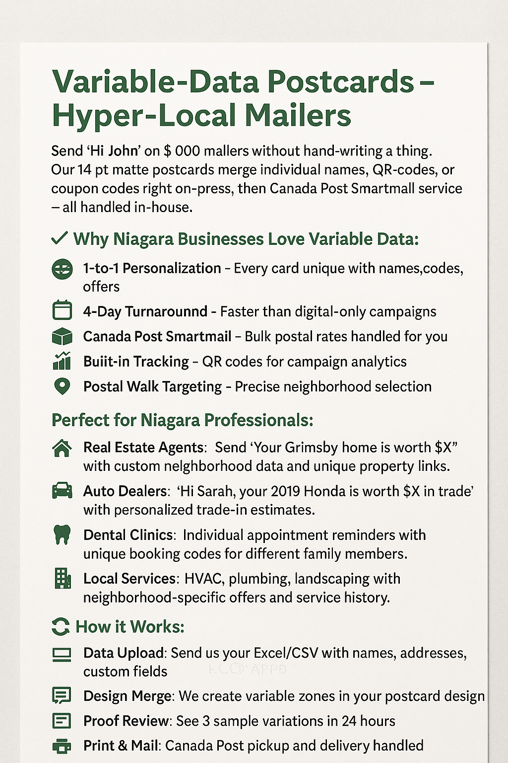 Variable-Data Postcards Niagara – 1-to-1 Marketing in 4 Days Niagara Stands Out